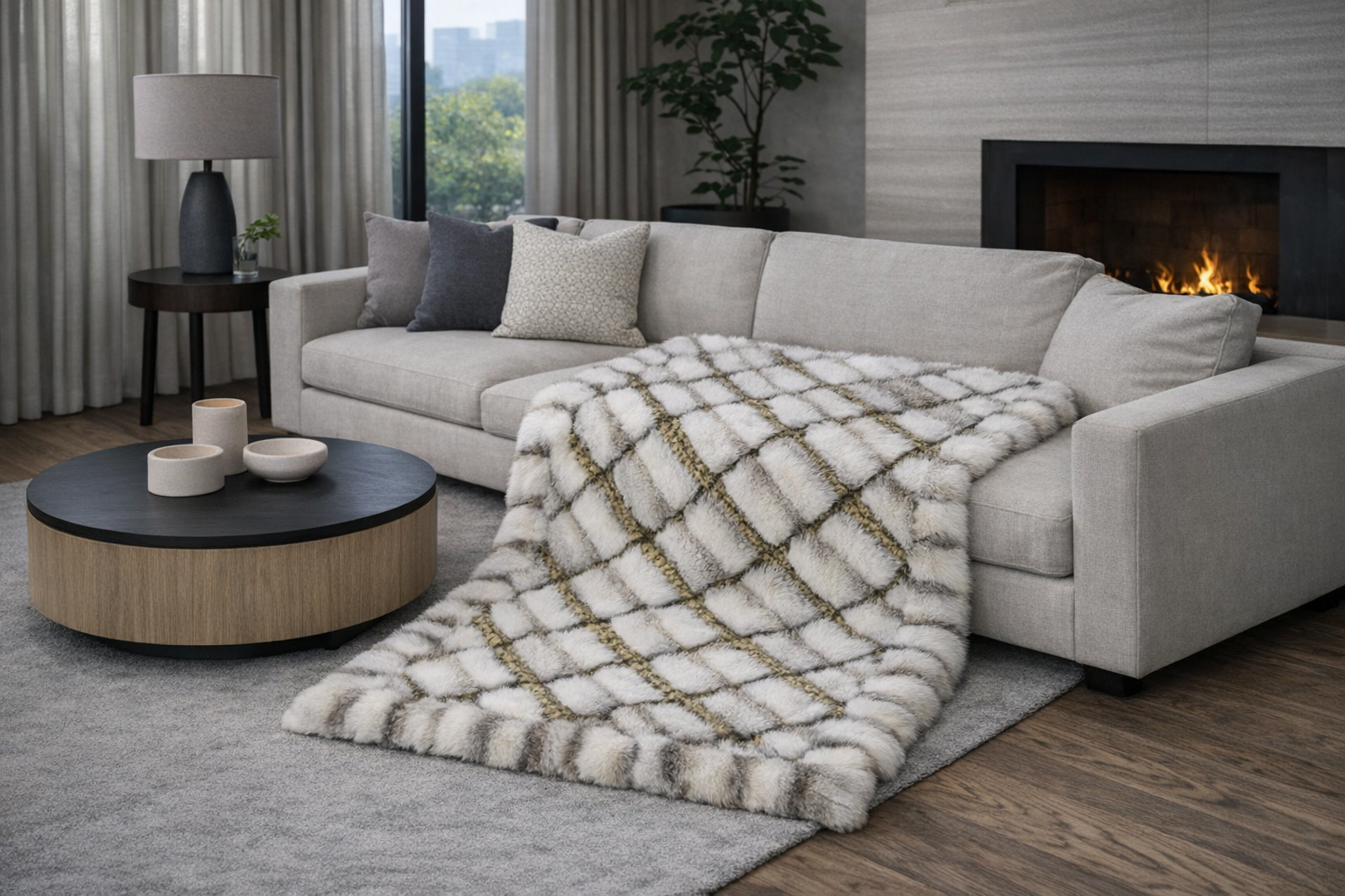 Ein Mantel aus Sapphire Frost Fuchs und eine Jacke aus Kleinfleckkatze wurden zu einer Pelzdecke umgearbeitet.