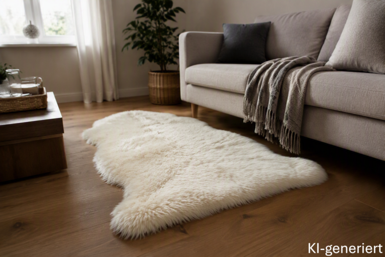Lammfell auf dem Boden vor der Couch im Wohnzimmer (KI-generiert)